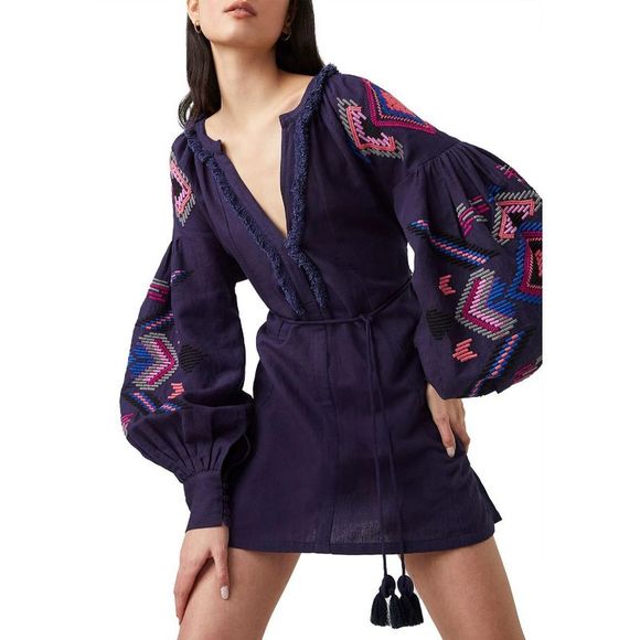 French Connection Womens Navy Fringe Short Adjustable Sleeve Mini Dress NWT - Picture 2 of 2